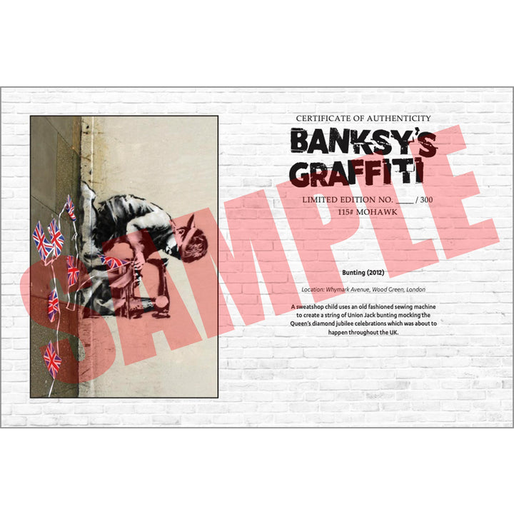 Bunting Boy, a Sample of the COA that comes along with their respective print of Banksy's Graffiti Homekor