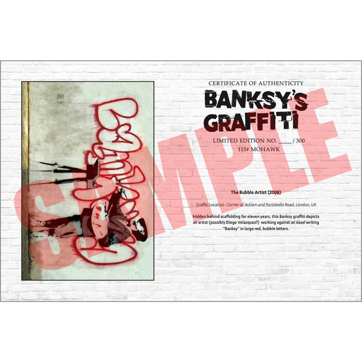 The Bubble Artist, a Sample of the COA that comes along with their respective print of Banksy's Graffiti Homekor