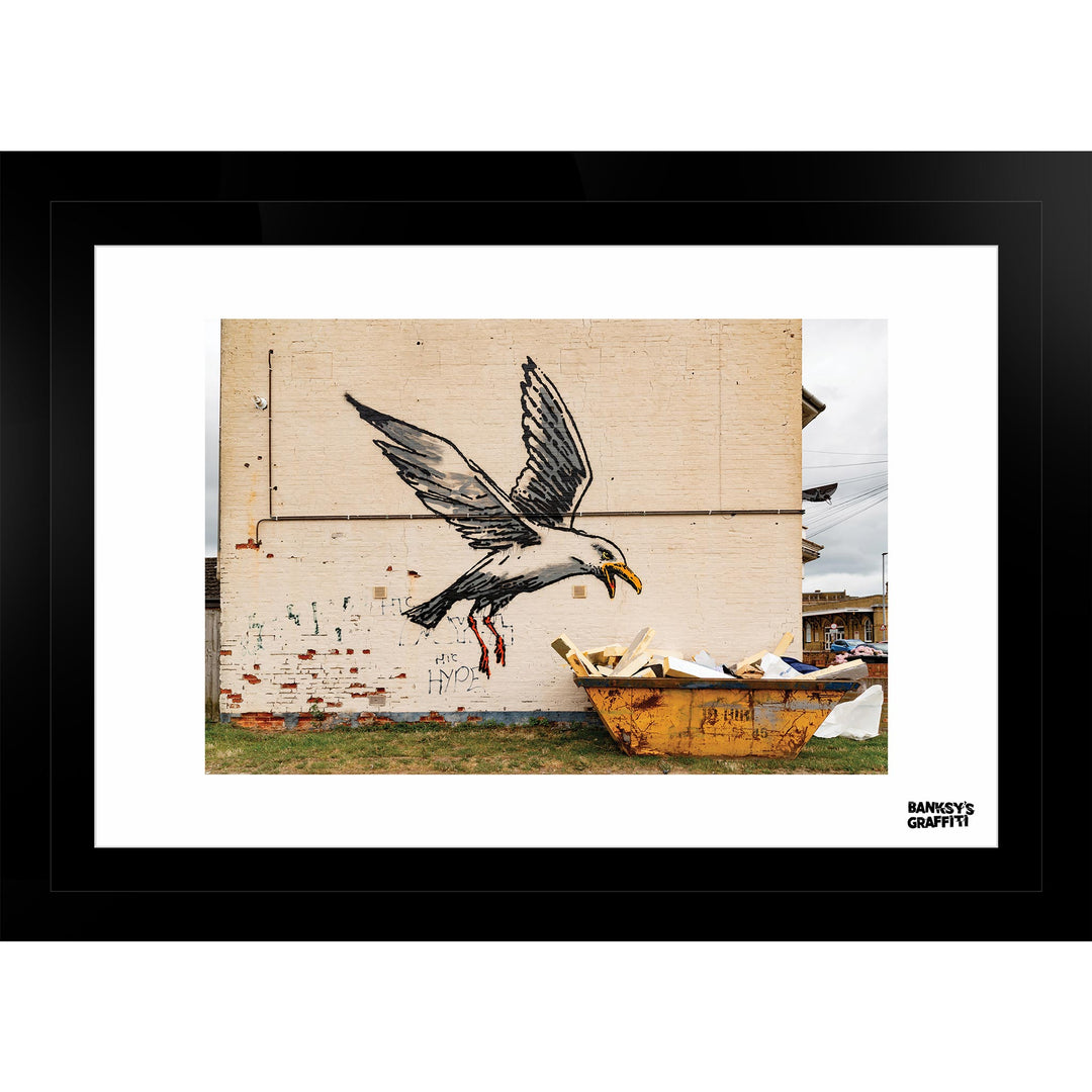 Seagul Raiding a Dumpster, a framed print of Banksy's Graffiti-Homekor