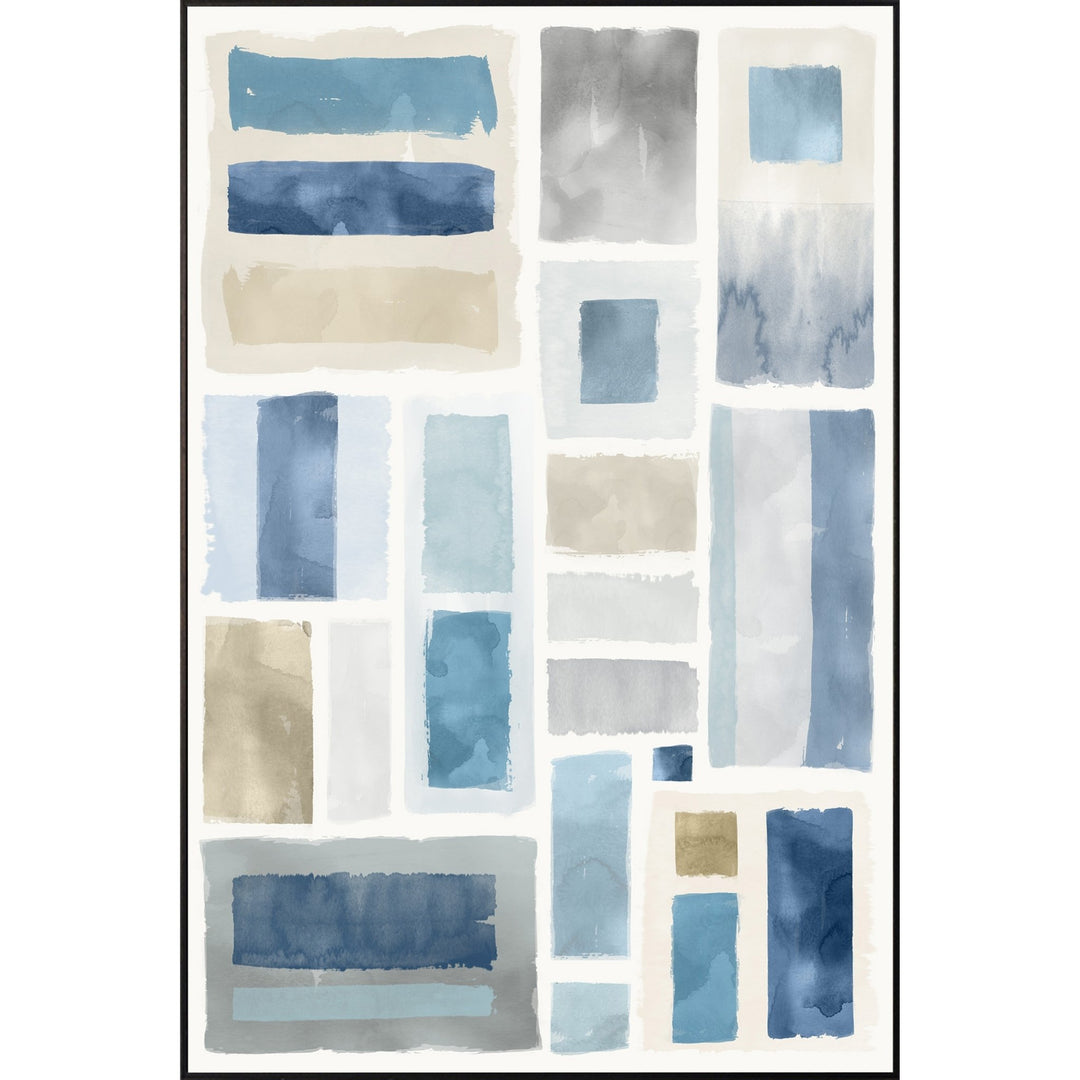 Geometrical wall art with soft color tones of blue, grey and beige.