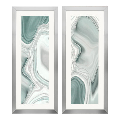 Teal abstract wall art set with silver frame.