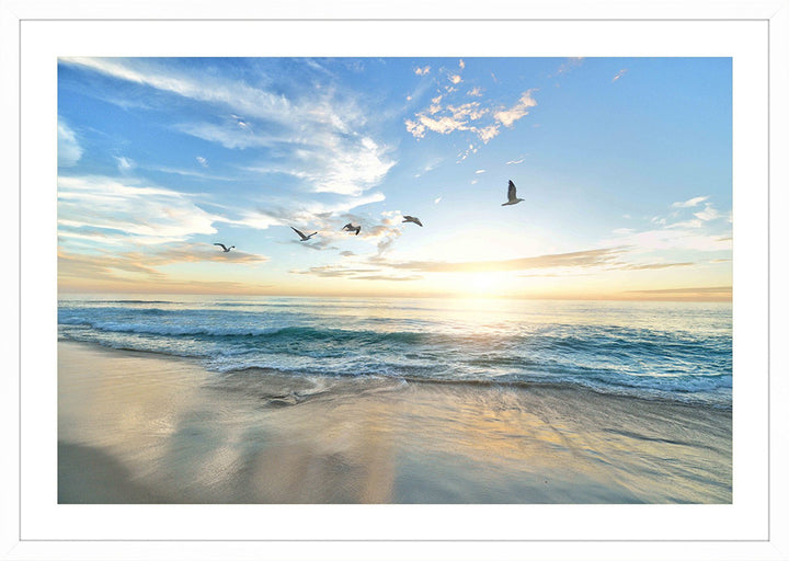 Bright beach with sunset wall art.