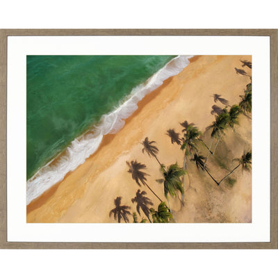 Aerial beach view of sand and water with palm trees.