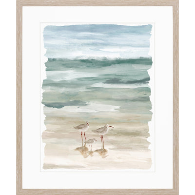 Watercolor painting framed art of beach with seashore birds walking along sand.
