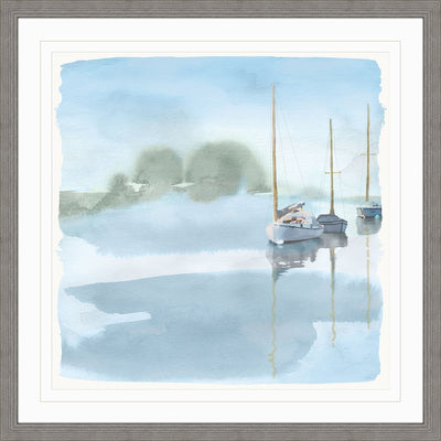 Water color painting wall art of sea and boats.