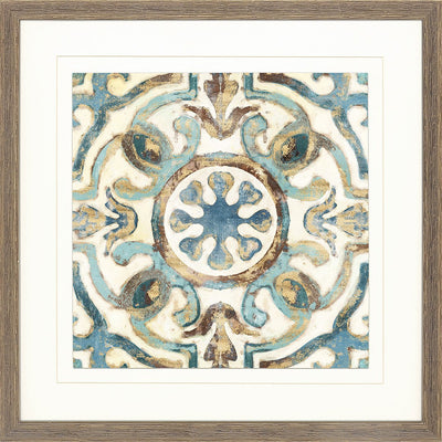 Boho geometric wall art with beige and teal colors.