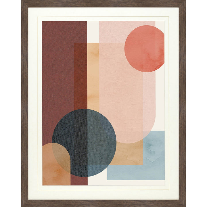 Geometric wall art with different shapes and colors.