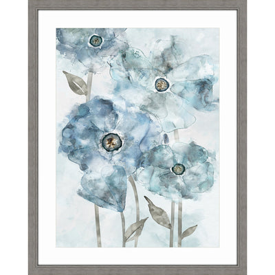 Floral wall art framed print showcasing flowers in shades of blue against a light-color background.