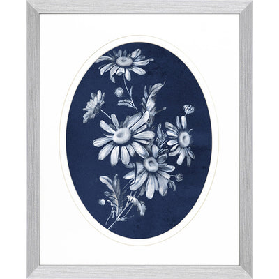 White flowers, blue background, oval print wall art.