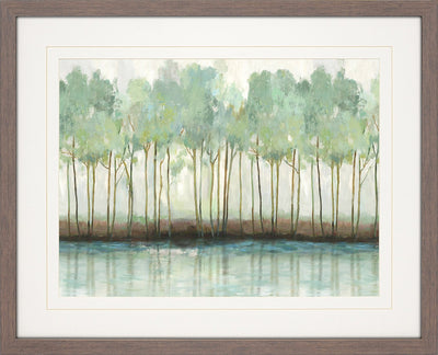 Green forest trees along river wall art.