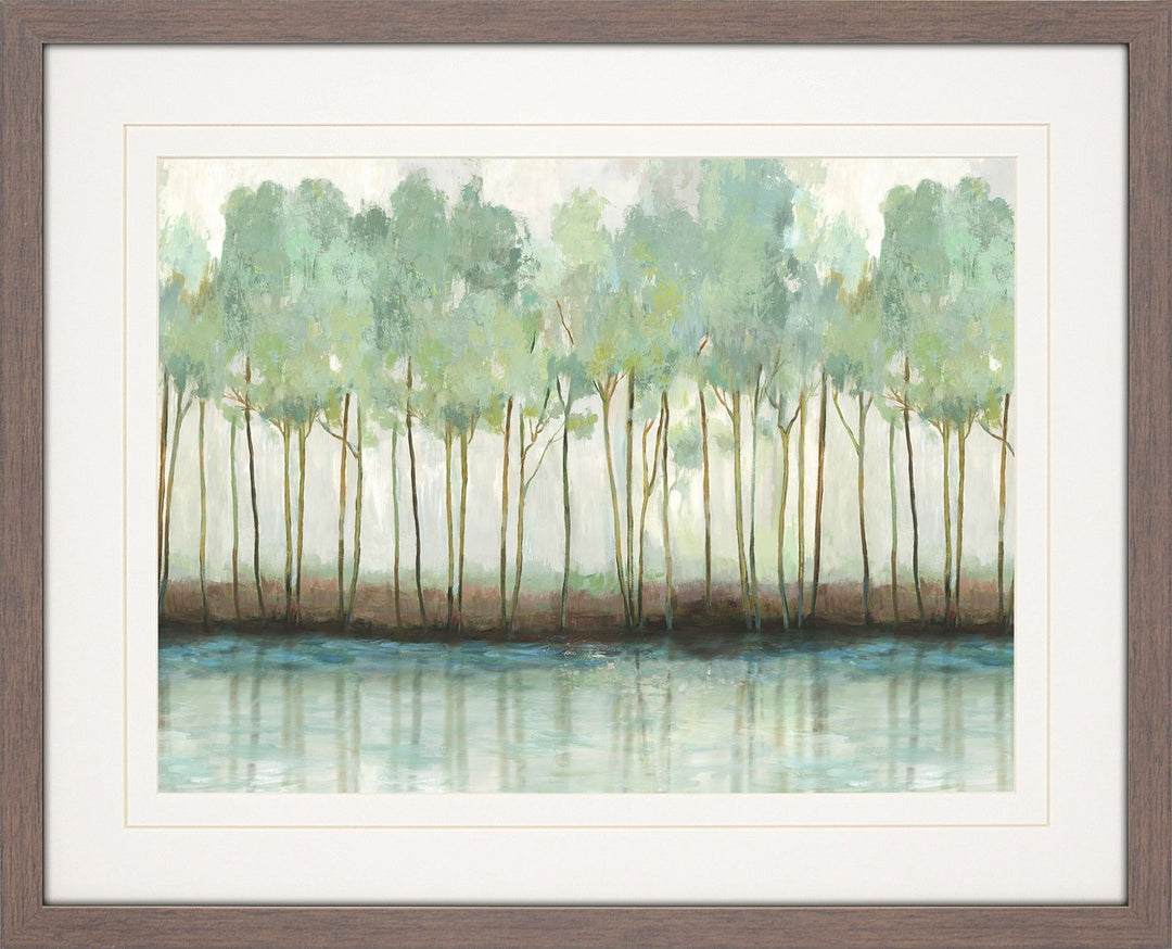 Green forest trees along river wall art.