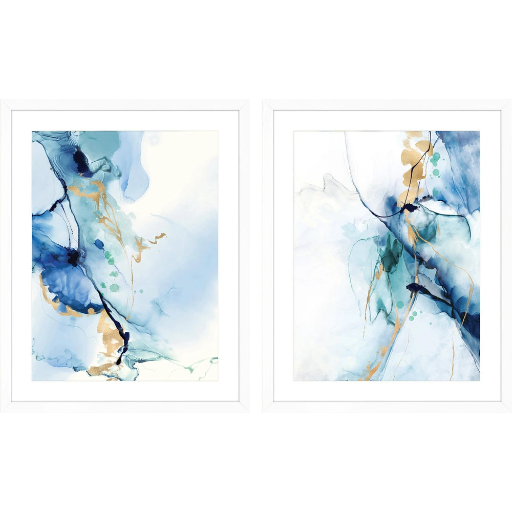 Abstract blue and gold framed art with white frame.