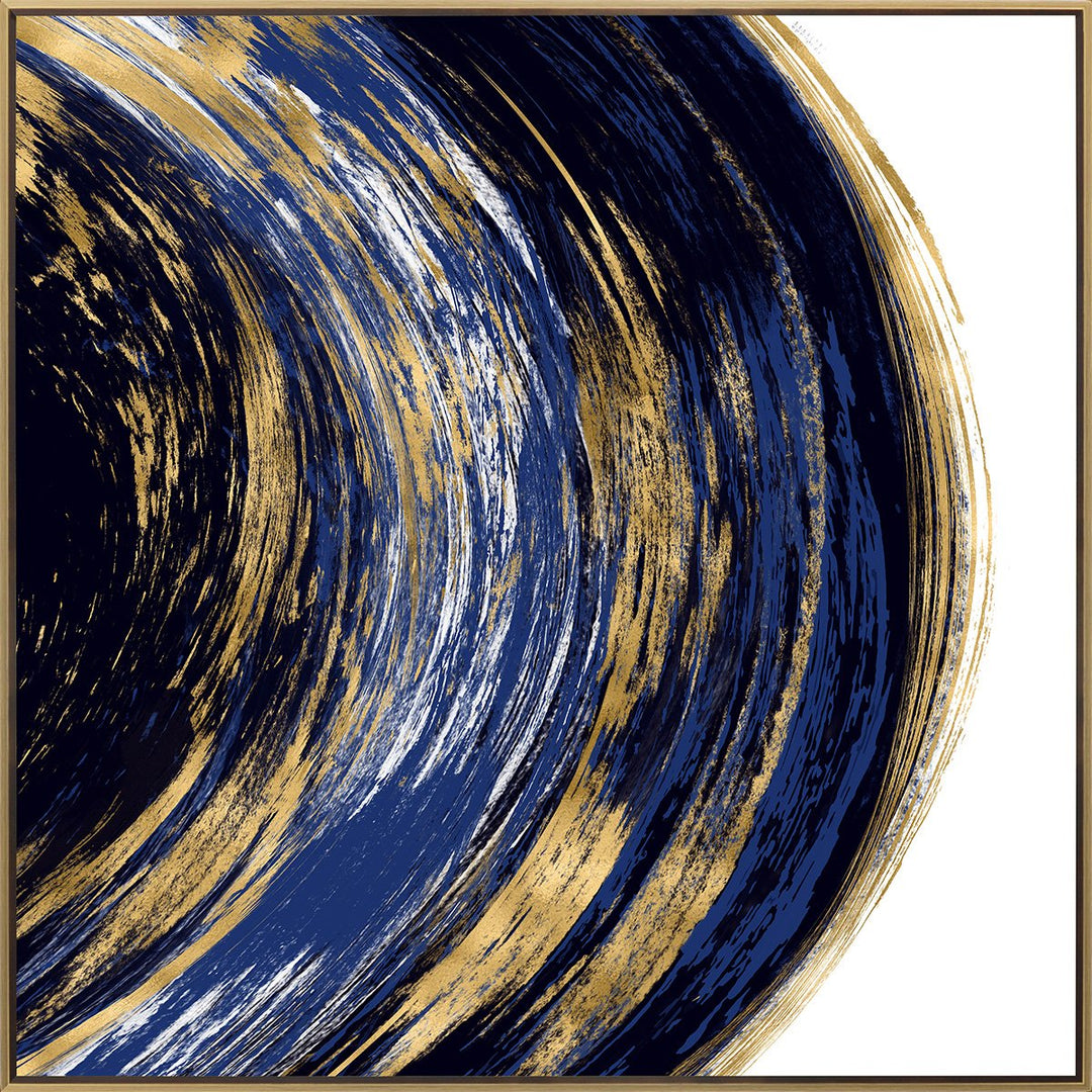 Abstract wall art with blue and gold colors.