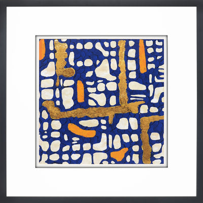 Modern framed art, with blue, white and gold colors.