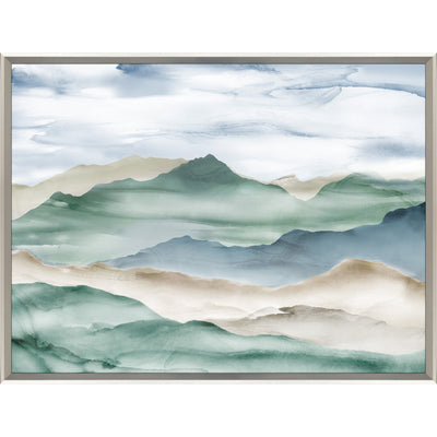 Abstract art featuring misty hills painted blue and green.