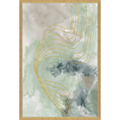 Through The Clouds Abstract Wall Art framed print featuring gold-colored lines against a background made up of shades of green, blue, and gray colors.