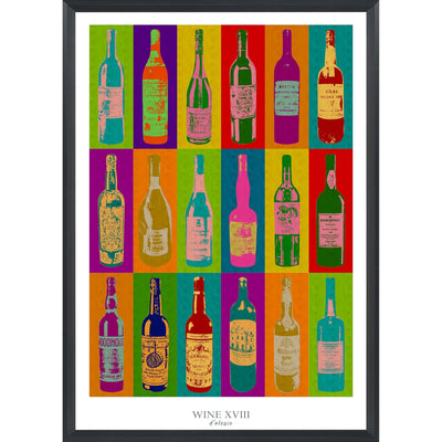 Wall art framed print showcasing colorful wine bottles.