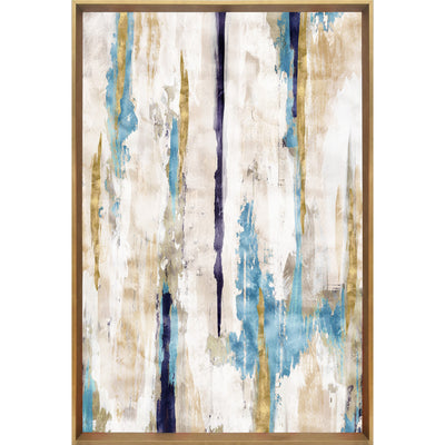 Charismatic II abstract wall art framed print featuring neutral colors mixed with touches of gold and shades of blue.