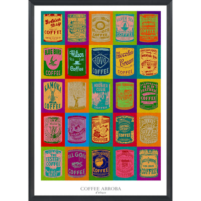 Coffee wall art framed print showcasing multicolor colorful coffee cans.