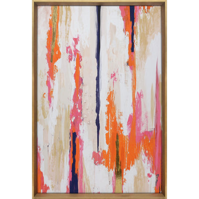 Bright abstract framed wall art with orange, pink and blue colors.