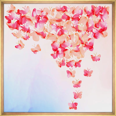 Abstract wall art framed print featuring a swarm of pink butterflies.