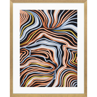 Framed abstract multicolor wall art featuring an array of bright and colorful lines.
