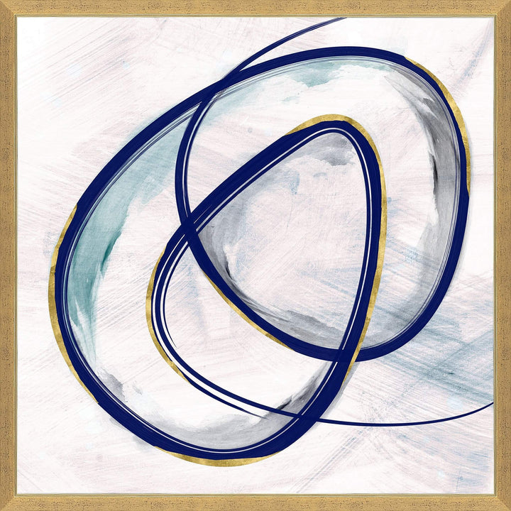 Abstract wall art with navy blue circular strikes.