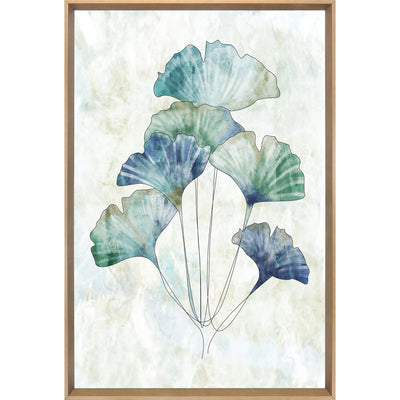 Ginkgo leave wall art, with shades of blue on a gold colored frame.